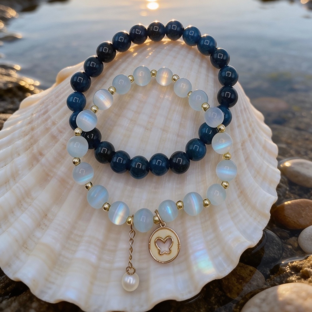 Chic Blue and White Beaded Bracelet with Butterfly Charm